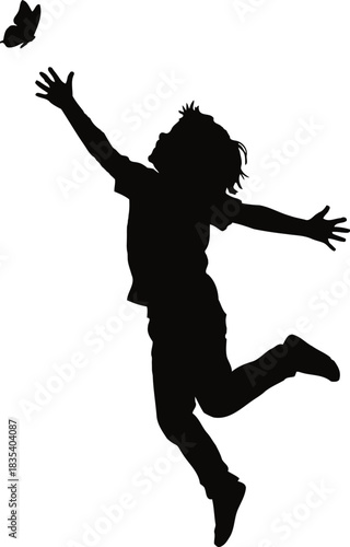 Child's innocent leap reaching for butterfly, symbolizing freedom