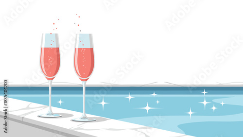 Celebrate luxury moments with sparkling rosé champagne flutes beside a shimmering poolside setting