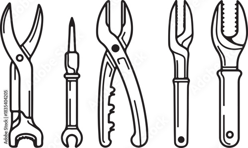 Assortment of Hand Tools Line Art Set - Pliers, Wrenches, and Mechanical Instruments