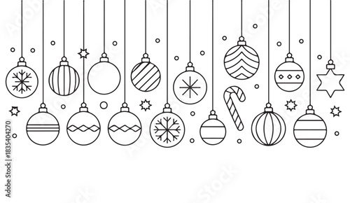 Outline festive ornament set showing holiday icons such as snowflakes, baubles, and decorative shapes.