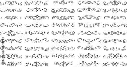 Ornate collection of hand-drawn vintage swirl text dividers, elegant calligraphic page accents, and classic decorative black border elements vector set