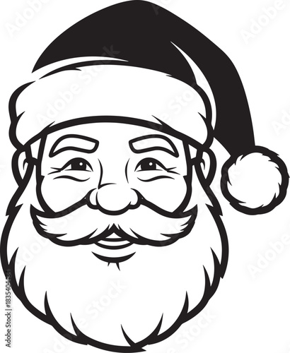 A black and white illustration of Santa Claus with a beard and hat, set against a white background.