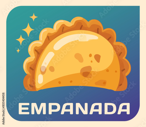 Vibrant vector illustration of golden-brown empanada, homemade Latin American pastry filled with savory goodness. Flaky crust and perfectly formed pleats craftsmanship. For menus, recipe websites