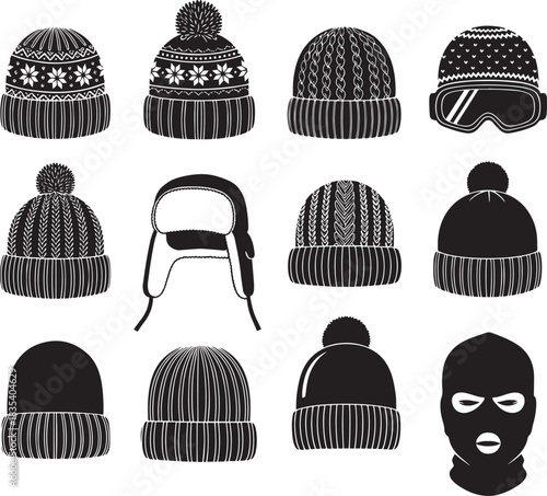 A collection of winter hats and beanies with different patterns and textures.