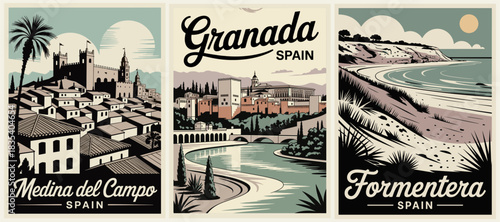 Retro-style triptych showcasing Medina del Campo, Granada, and Formentera with minimalist geometric designs and muted tones