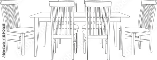 Continuous line art drawing of a dining table surrounded by six chairs with slat backs, symbolizing home furniture, family mealtime, interior design, and kitchen decor