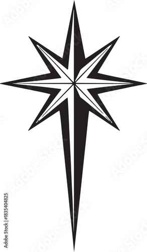 A black and white illustration of a compass rose with a cross at the center.