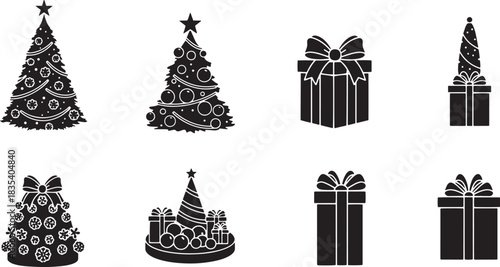 Christmas tree and gift boxes with bows on a white background.