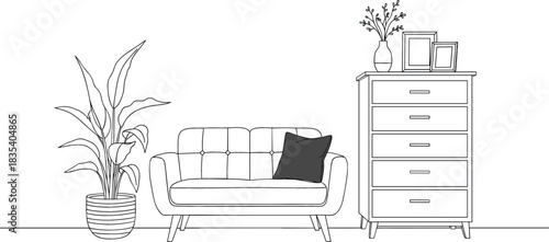 Continuous line art drawing of a modern two-seater sofa and a chest of drawers with plants and frames, symbolizing home furniture, interior decor, and living room comfort