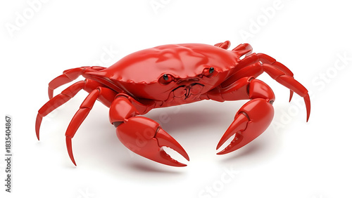 Vibrant red crab 3D illustration, showcasing prominent claws and a detailed shell. Isolated on a clean white background, ideal for marine life, seafood, and ocean-themed designs