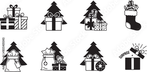Christmas tree and gift boxes with a sock and a house icon set.