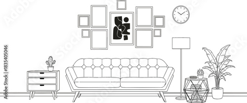 Wireframe line art drawing of a modern living room interior with a tufted sofa, gallery wall, floor lamp, and plant decorations, symbolizing home furniture, comfort, and stylish decor