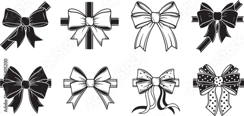 Set of eight black and white bows with ribbons, arranged in a 2x4 grid.