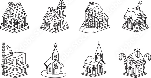 A set of eight black and white illustrations of various Christmas houses, including gingerbread houses, churches, and other festive structures.