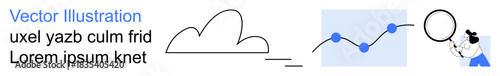 Data analytics, cloud storage, research, business solutions, digital transformation, technology trends. Minimal graphic with cloud, graph and a person analyzing data. Data analytics and cloud