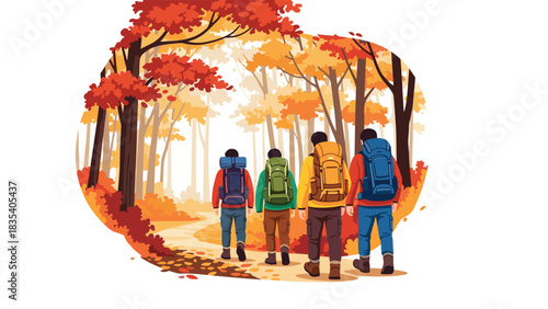 Four hikers trek through a stunning vibrant forest path ablaze with beautiful autumn foliage colors