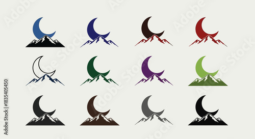 Twelve Colorful Mountain Crest Icons Topped with a Crescent Moon Illustration