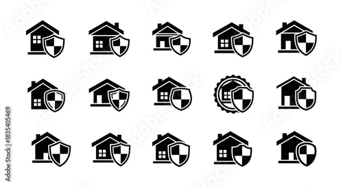 Collection of Home Insurance and Protection Icons Depicting Safety and Security for Real Estate