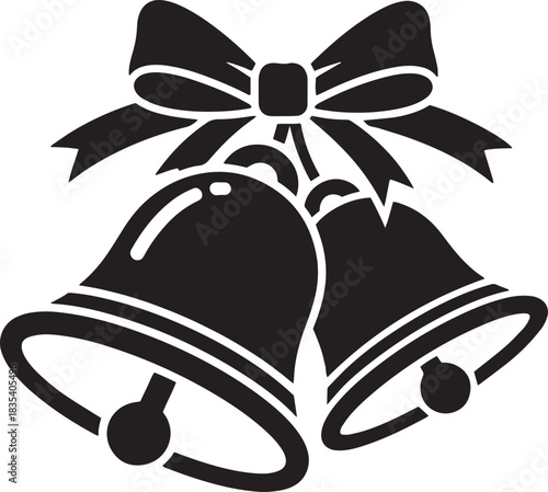 Two black and white Christmas bells with a ribbon and bow on a white background.