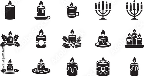 Christmas candles and wreaths with holly leaves and berries.