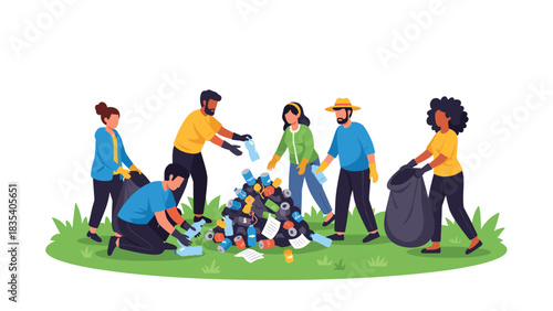 Dedicated diverse volunteers passionately cleaning up trash and collecting recyclables in a vibrant green outdoor setting