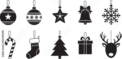 Christmas ornaments and decorations hanging on a white background.