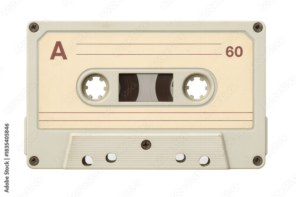 Fototapeta premium Cassette tape showing the side a with 60 minutes of recording time. Vintage analog audio media, retro music, transparent background