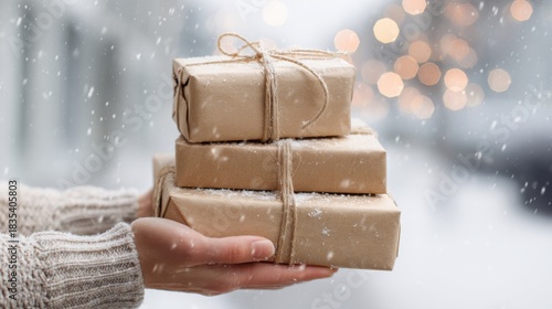 Hands hold a stack of Christmas parcels wrapped in brown paper and twine in winter weather with snowflakes falling outside