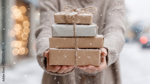 Hands hold a stack of Christmas parcels wrapped in brown paper and twine in bright outdoor winter light with snowflakes falling