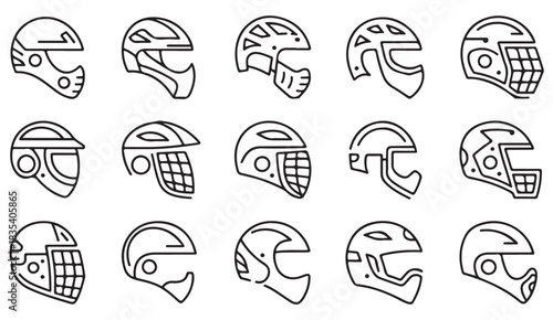 Vector illustration set of various helmet types including padded, guarded, and vented sports headgear.