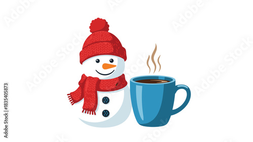 Cheerful snowman in red knitwear enjoys steaming hot chocolate beside a vibrant blue mug