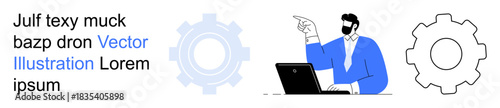 Technology integration, business solutions, workflow management, productivity tools, teamwork, innovation. Male professional working on a laptop with gear icons. Technology integration and business