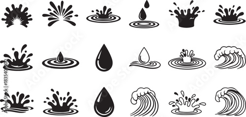 Water drops, black sea ocean waves stencil. Liquid elements, cry droplet icons vector set. Ink, sauce, river isolated splashes