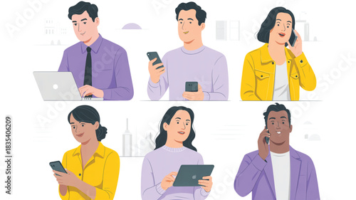 Diverse group of people using modern technology and devices