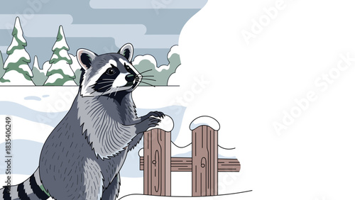 Raccoon standing beside wooden fence in snowy winter landscape  