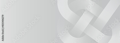 Gray abstract background with white glowing geometric line design. Modern glossy white rounded diagonal line pattern for brochures, banners, marketing and websites.