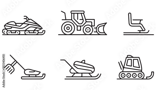 Set of outline icons for winter sports transport including gondolas, snow machines, and sleigh-style vehicles.