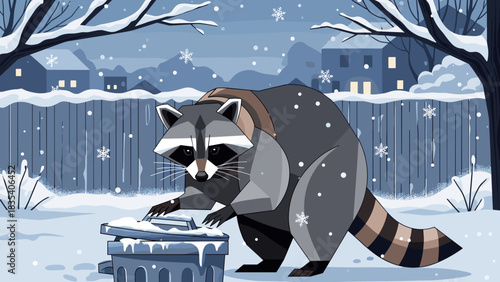 Raccoon foraging in the snow during winter in backyard scene  