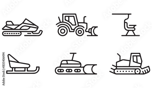 Thin-line illustrations of cold-weather vehicles used for skiing, grooming, and alpine trail maintenance.