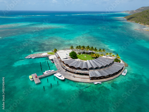 Saba rock island drone aerial view, british virgin islands