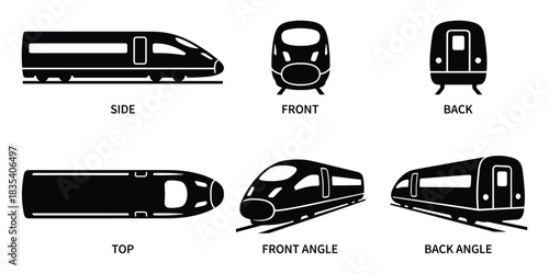 High-Speed Train Vector Icons: Front, Back, Side, and Angled Views Illustration