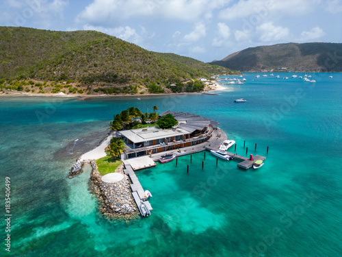 Saba rock island drone aerial view, british virgin islands