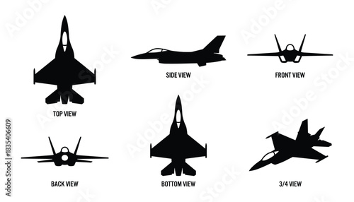 Various Silhouetted Views of Military Jet Aircraft on White Background