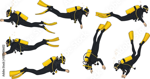 Set of flat vector illustrations depicting six scuba divers swimming underwater in different poses with full gear, symbolizing ocean exploration, diving sport, and adventure tourism