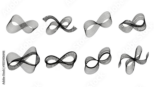Elegant infinity symbol collection, rendered with fine lines and textured surfaces, presented on a