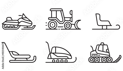 Vector winter mobility icon set with snowplow tractors, snowcats, sleds, and snowmobile shapes.