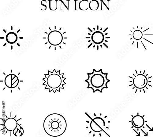 Minimal sun icon vector design featuring simple rays and clean lines, perfect for weather symbols, summer themes, UI elements, and branding.