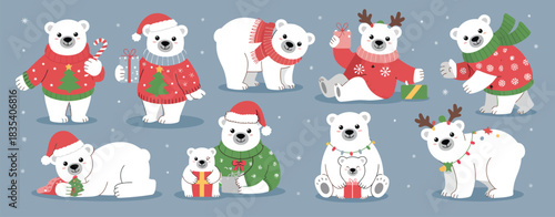 Cute Polar Bear Characters in Winter Clothing Featuring Merry Christmas Outfits and Happy Mom and Baby Designs Illustrated in Fun Cartoon Flat Style as an Isolated Festive Vector