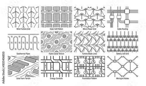 Illustrated Vector Patterns: Sustainable Energy Infrastructure Design Motifs