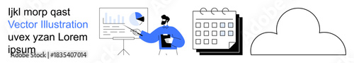 Business strategy, data analysis, cloud storage, planning, presentations, digital organization. A person presenting data, a calendar and a cloud icon. Business strategy and data analysis
